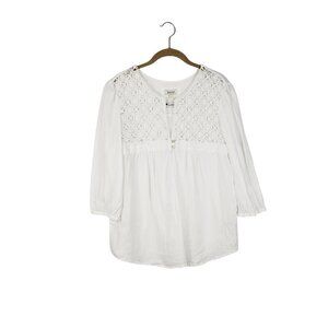 Malvin White Linen Peasant Top Crochet Shoulder 3/4 Sleeve Womens Size Medium
